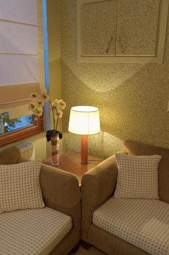 a living room with two couches and a table with a lamp at Anesis in Kastoria