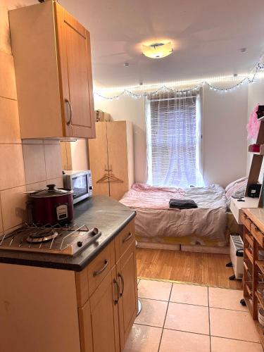 a kitchen with a stove and a bed in a room at Studio flat in Stratford in London