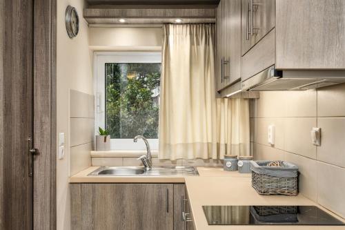 a kitchen with a sink and a window at Villa Dionysios in Keri