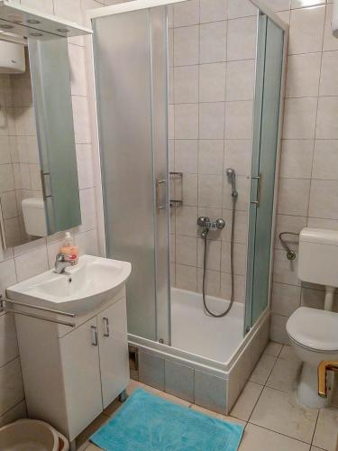 a bathroom with a shower and a sink and a toilet at Keran 2+2 in Podgora