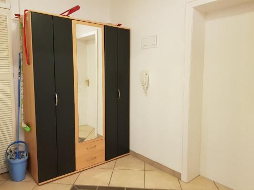 un armadio con porta nera e specchio di Blütenzauber Apartment No 1 a Mittelnkirchen