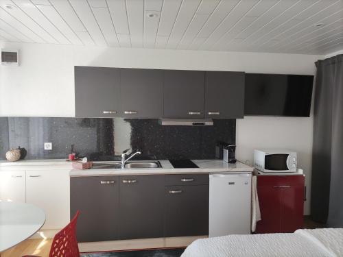 a kitchen with black and white cabinets and a sink at Beau studio avec terrasse et vue EXCLUSIVEMENT POUR NON FUMEURS in Belmont-sur-Lausanne