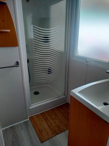 une salle de bain avec douche et lavabo dans l'établissement Mobil home climatisé au Domaine Lalande à Mimizan, à Mimizan