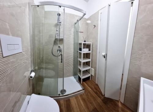 a bathroom with a shower and a toilet at Zefiro Holiday Home in Agropoli