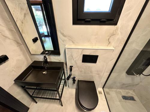 a bathroom with a black sink and a mirror at TUVA VİLLA Bungalov in Çamlıhemşin