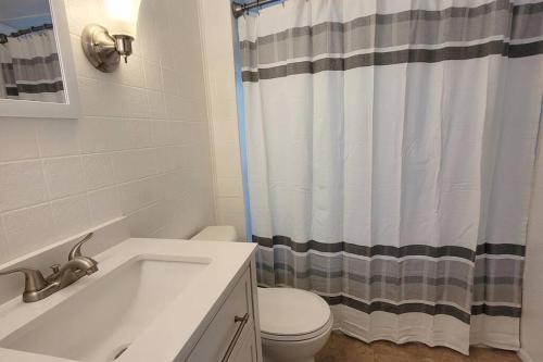 ein Badezimmer mit Toilette und Duschvorhang in der Unterkunft Waterfront Cottage near Lambeau and Door County! in Green Bay