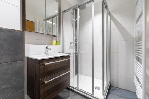 y baño con lavabo y ducha. en Ferienwohnpark Immenstaad am Bodensee Zwei-Zimmer-Apartment 49 20, en Immenstaad am Bodensee