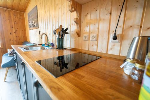 a kitchen with a sink and a counter top at Hengifosslodge Skáldahús in Egilsstadir