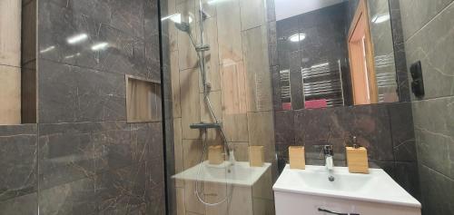 a bathroom with a sink and a shower at Zajazd Stronie in Stronie Śląskie