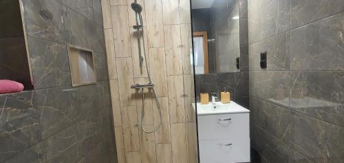a bathroom with a shower and a toilet and a sink at Zajazd Stronie in Stronie Śląskie