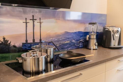a kitchen counter with pots and pans on a stove at RhönKristall modernes Terrassenhaus mit Weitblick in Bischofsheim an der Rhön