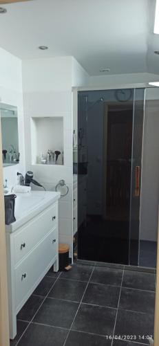 a bathroom with a shower and a sink and a mirror at La maison de Marie in Verteuil-sur-Charente