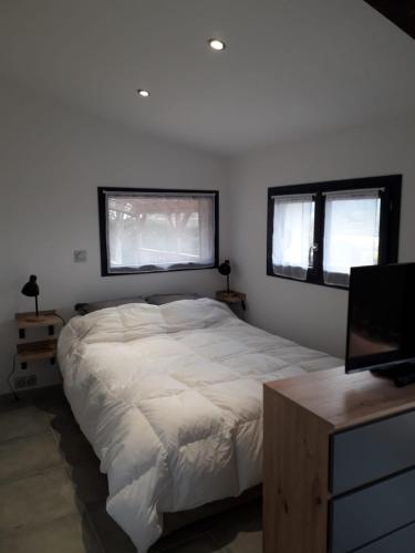 une chambre avec un grand lit et deux fenêtres dans l'établissement Entre lac et montagne, à Bilieu