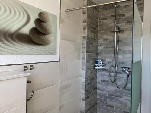 a bathroom with a shower with a stack of rocks at Min Droom Usedom in Zirchow