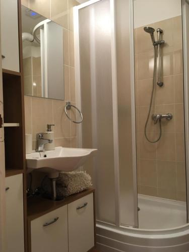 a bathroom with a sink and a shower at Jázmin Deluxe Apartman in Harkány