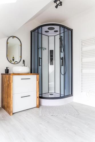 une salle de bain avec une douche en verre et un lavabo dans l'établissement @ LOFT COCOONING @ Proche gare & centre historique, à Brive-la-Gaillarde