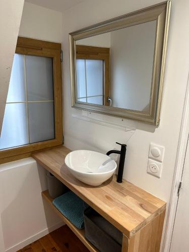 une salle de bain avec un lavabo et un miroir dans l'établissement Superbe appartement proche centre ville, thermes, à Bagnères-de-Bigorre