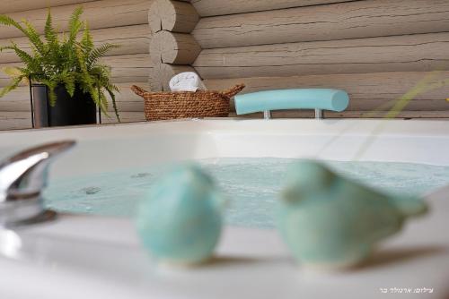 a bathroom counter with a sink and a blue chair at Suites Tuia in Had Nes