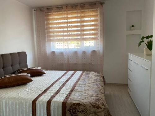 um quarto com uma cama grande e uma janela em Centra apartamenti em Alūksne