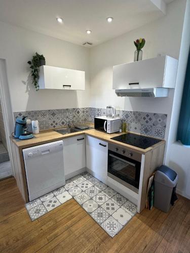 una pequeña cocina con fregadero y microondas en Jolie T2. Proche centre ville, aquensis et thermes en Bagnères-de-Bigorre