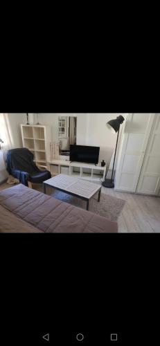 ein Wohnzimmer mit einem Sofa und einem Tisch in der Unterkunft Studio Centre ville les halles in Avignon
