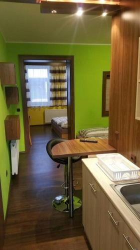 a kitchen with green walls and a table and a sink at Apartmán Stella in Prostějov