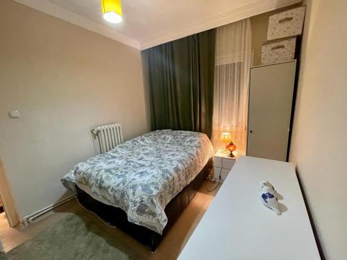 ein kleines Schlafzimmer mit einem Bett und einem Tisch in der Unterkunft Cosy and fully furnished 2 bedroom apartment in Istanbul