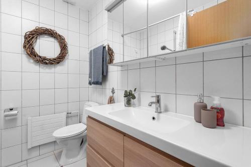 a bathroom with a sink and a toilet and a mirror at Cheerful 3BR Down Town Newly Renovated in Reykjavík