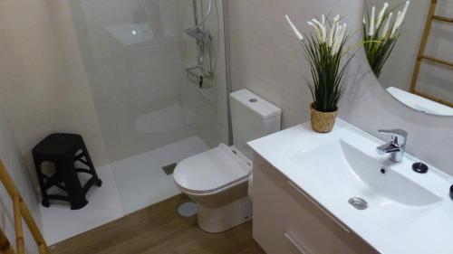 La salle de bains blanche est pourvue de toilettes et d'un lavabo. dans l'établissement Estudio con encanto en la Carihuela, à Torremolinos