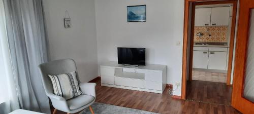 a living room with a chair and a television at Pension Schneider in Cochem