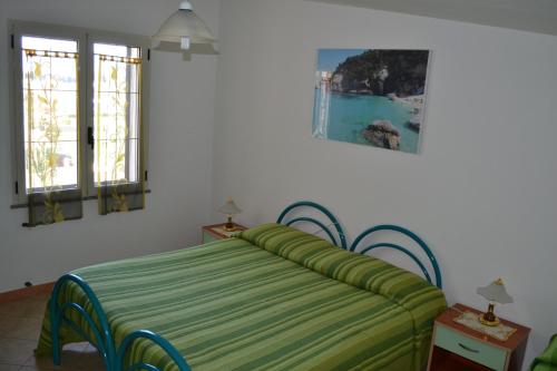 a bedroom with a bed with a green bedspread and two windows at Marina's apartment Ogliastra in Lotzorai