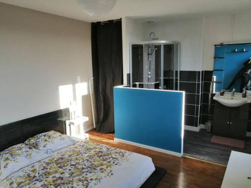 1 dormitorio con puerta azul y lavamanos en Charmant T2 refait à neuf, au cœur de Puylaurens en Puylaurens