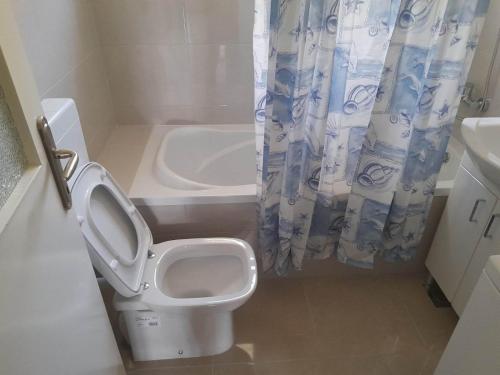 La salle de bains est pourvue de toilettes et d'un rideau de douche. dans l'établissement Villa Wind Apartments, à Drače