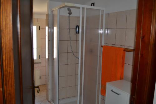 W łazience znajduje się prysznic ze szklanymi drzwiami. w obiekcie Marina's apartment Ogliastra w mieście Lotzorai