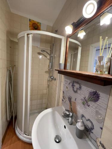 a bathroom with a shower and a white sink at Casa vacanze Nido al Mare in Sanremo