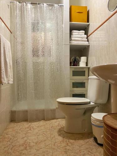 a bathroom with a shower and a toilet and a sink at MANDARINA in Riumar