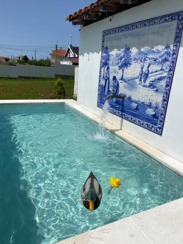 a dolphin in a swimming pool with a rubber duck at Moita Cottage in Moita