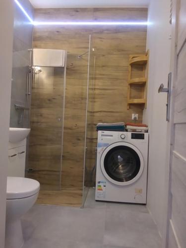 une salle de bains avec lave-linge et toilettes dans l'établissement Poziom 7, à Elbląg