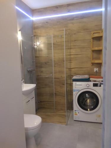 een badkamer met een toilet en een wasmachine bij Poziom 7 in Elblag