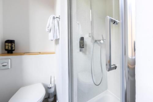 bagno con doccia e servizi igienici. di Hotel San Carlo a Lugano