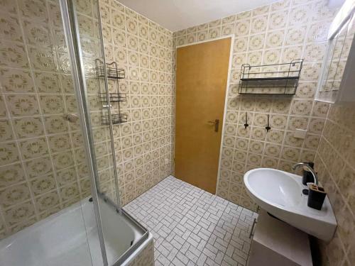 a bathroom with a shower and a sink at Haus Annemiek in Winterberg