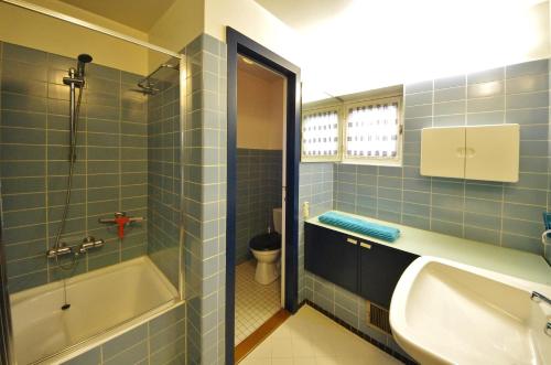オーストダインケルケにあるVakantiewoning Zandhofのバスルーム(バスタブ、洗面台、トイレ付)