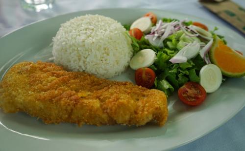 a plate of food with rice and a salad at Hotel Cabinas el Tecal in Uvita