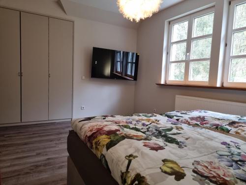 1 dormitorio con 1 cama y TV en la pared en 5 Sterne Bahnhoftraum, Appartement "Waldliebe", en Braunfels