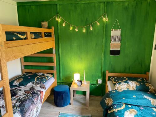 a bedroom with two beds and a green wall at Chatky Pod Javory in Nejdek