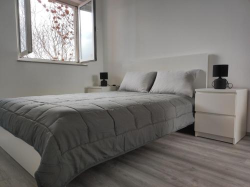 una camera bianca con un letto e una finestra di Apartman ANI a Fiume (Rijeka)