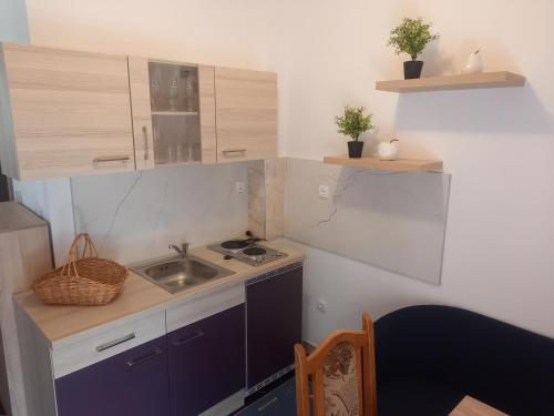a small kitchen with a sink and a stove at Studio Apartman Šutić in Kastel Novi