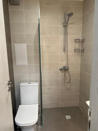 a bathroom with a shower with a toilet and a shower at ATEA APARTMENT KAVARNA in Kavarna