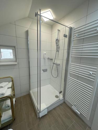 a bathroom with a shower with a glass door at Ferienhaus Auerhahn in Vöcklabruck