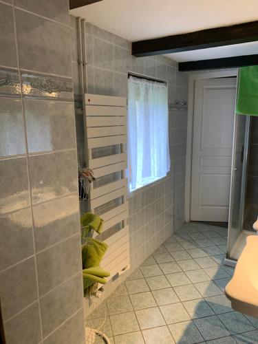 a bathroom with a walk in shower and a window at La ferme d'aristide in Saillenard